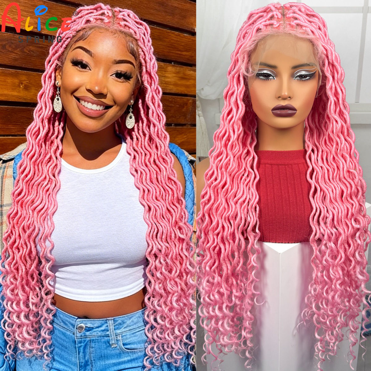 Synthetic Braided Wigs For Black Women - Parrucche Intrecciate Rosa in Pizzo Completo,